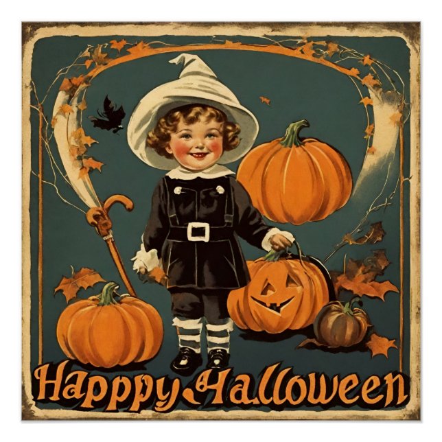 Póster Feliz Halloween Vintage Child and Pumpkins (Frente)
