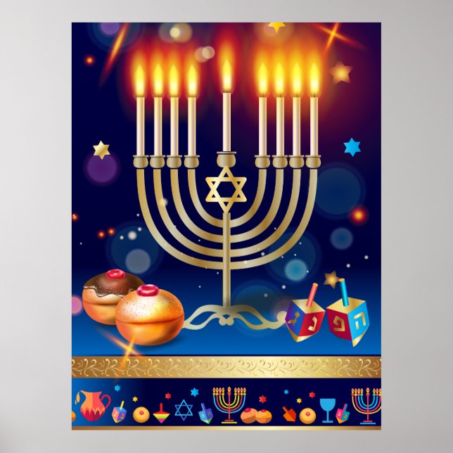 Poster Feliz Hanukkah Dourado Menorah Lights Art (Frente)