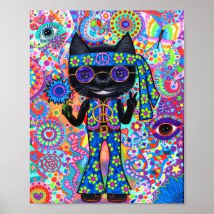 Poster Feliz Hippie Cat Sinal de Paz Óculos Roxos de Sol