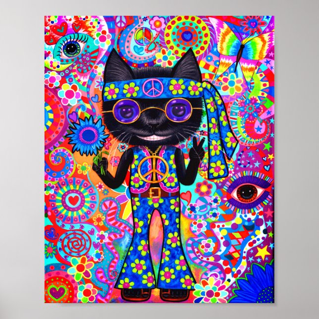 Poster Feliz Hippie Cat Sinal de Paz Óculos Roxos de Sol  (Frente)