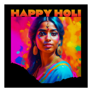 Póster Feliz Holi Bela Mulher de Azul