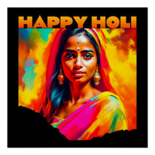 Póster Feliz Holi Linda Mulher