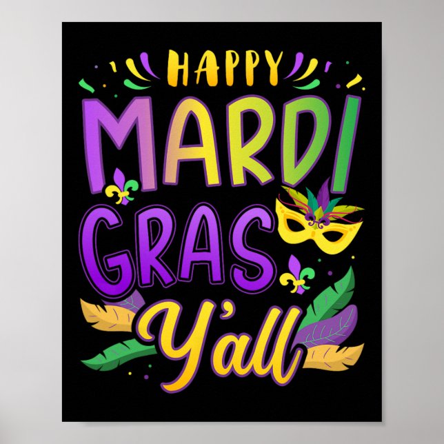 Poster Feliz Mardi Gras Y'all Com Máscara Para Nova Orlea (Frente)