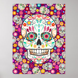 Poster Feliz Muertos - crânios festivos do açúcar no r