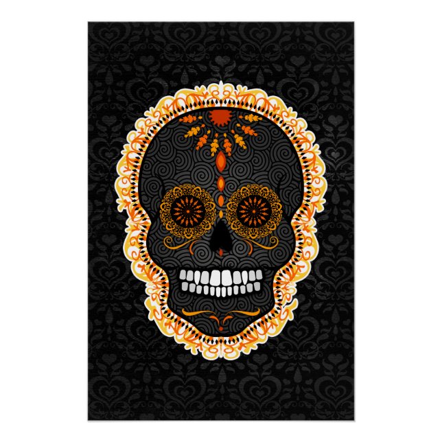 Póster Feliz Muertos - Damasco Crânio de Açúcar Negro e L (Frente)