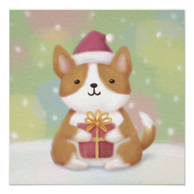 Póster Feliz Natal: Arte de Ilustração de Corgi (Frente)
