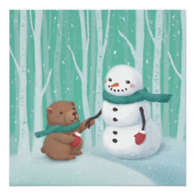 Póster Feliz Natal: Arte de Ilustração de Neve e Urso (Frente)