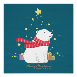 Póster Feliz Natal: Arte de Ilustração do Urso Polar