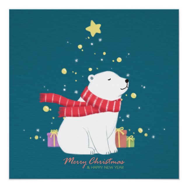 Póster Feliz Natal: Arte de Ilustração do Urso Polar (Frente)