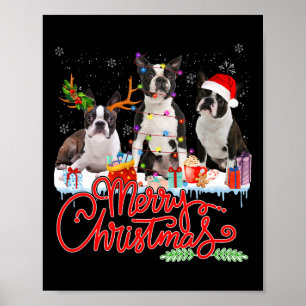 Poster Feliz Natal Boston Terrier Papais noeis Reindeer L