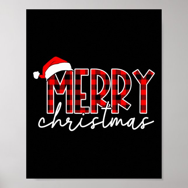 Poster Feliz Natal Buffalo Vermelho Xadrez Santa Hat Xmas (Frente)