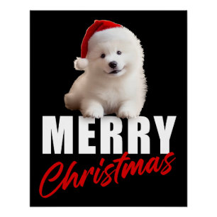 Póster Feliz Natal Cachorro Samoyed Puppy com Papai Noel