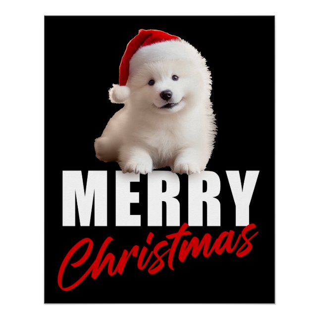 Póster Feliz Natal Cachorro Samoyed Puppy com Papai Noel (Frente)