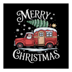 Póster Feliz Natal Camping Fofo Papai Noel Caminhão Essen
