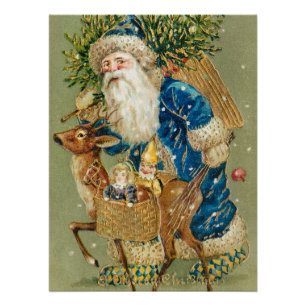 Póster Feliz Natal, Cartão Antigo, Papai Noel e Rena