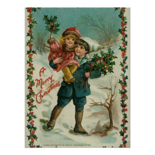 Póster Feliz Natal - cartão postal retrô, crianças, azevi