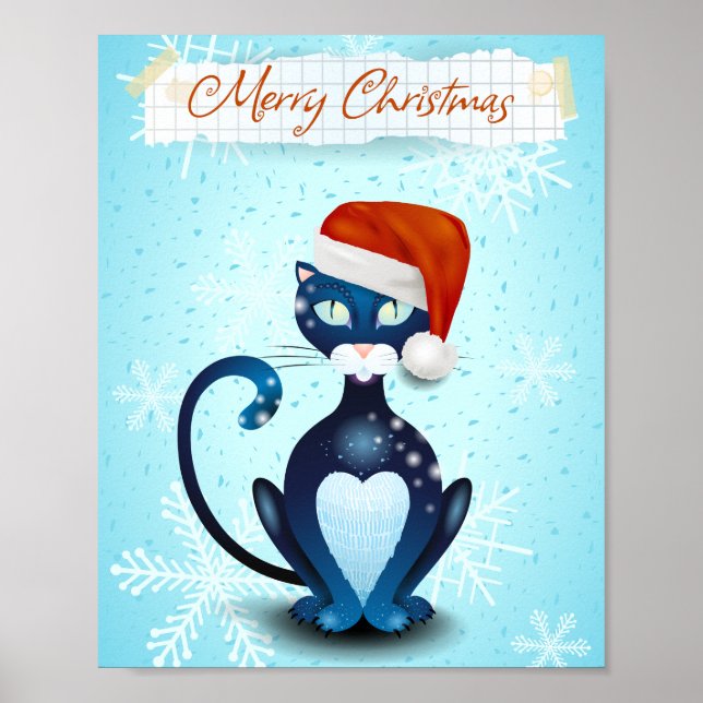 Poster Feliz Natal com Gato Negro com Papai noel Hat (Frente)