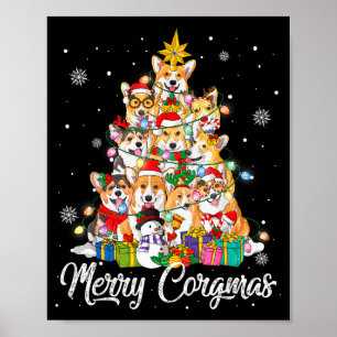 Poster Feliz Natal Corgi Árvore de Natal Luzes de Fada Do