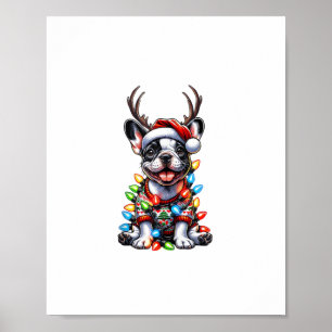 Poster Feliz Natal de Buldogue Francês Luz Santa Hat Rei