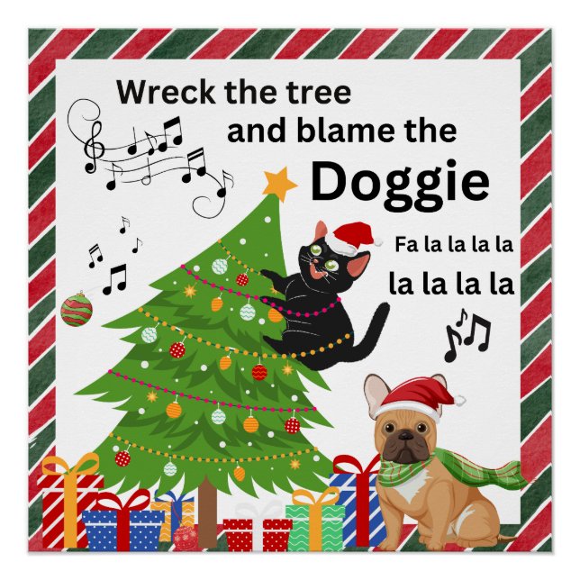 Póster Feliz Natal De Gato Negro E Cachorro (Frente)