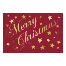 Feliz Natal Elegante Script Estrelas Douradas Verm