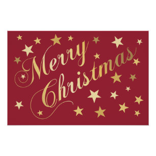 Póster Feliz Natal Elegante Script Estrelas Douradas Verm