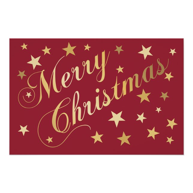 Póster Feliz Natal Elegante Script Estrelas Douradas Verm (Frente)