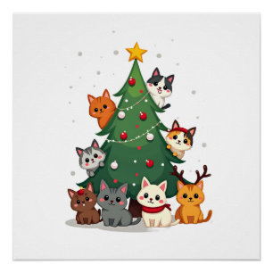 Póster Feliz Natal Felino Árvore de Natal Engraçada, Gato