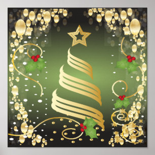 Póster Feliz Natal Festivo Verde e Dourado