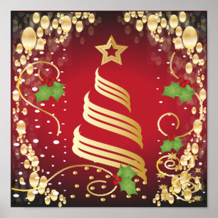 Poster Feliz Natal Festivo Vermelho Brilhante e Dourado