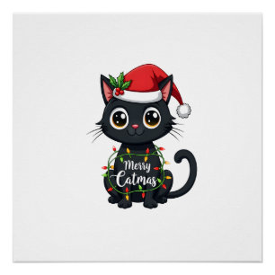 Póster Feliz Natal Gato Gato Preto Luz de Natal Família