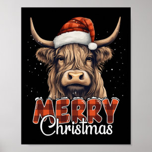 Poster Feliz Natal Highland Cow Western Santa Hat Xma