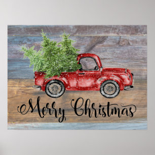 Poster Feliz Natal, Madeira Rústica E Caminhão Vermelho