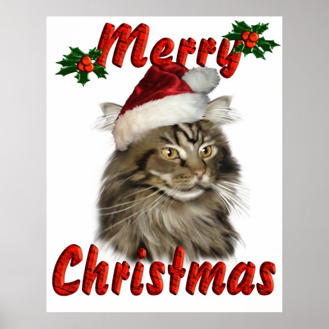 Póster Feliz Natal Maine Coon Cat (Frente)