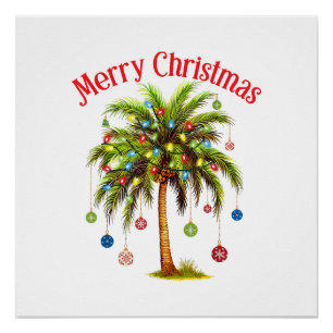 Póster Feliz Natal Palm Tree Light Havaiana Tropical