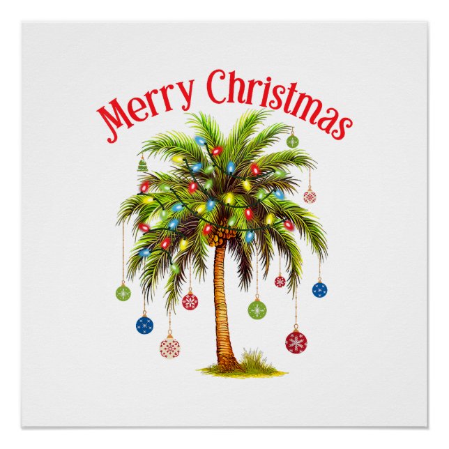 Póster Feliz Natal Palm Tree Light Havaiana Tropical (Frente)