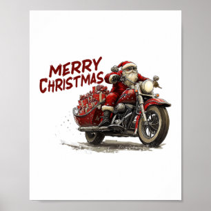 Poster Feliz Natal Papai Noel andando em uma motocicleta 