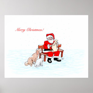 Póster Feliz Natal - Papai Noel com Gato e Cachorro