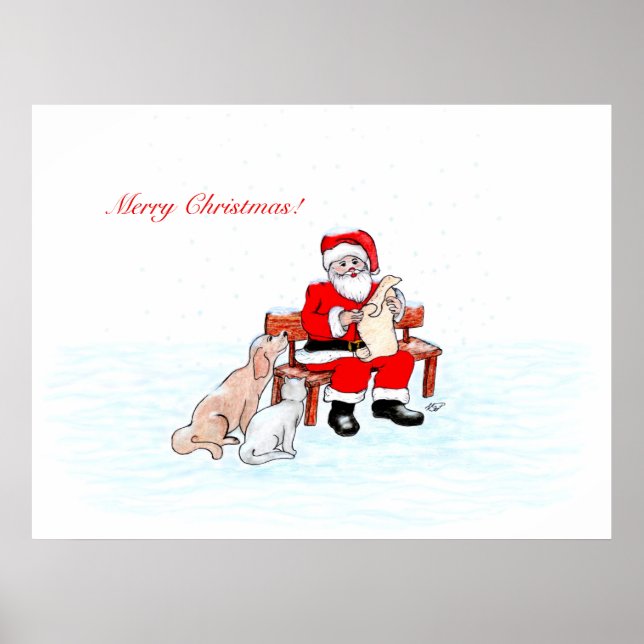 Póster Feliz Natal - Papai Noel com Gato e Cachorro (Frente)