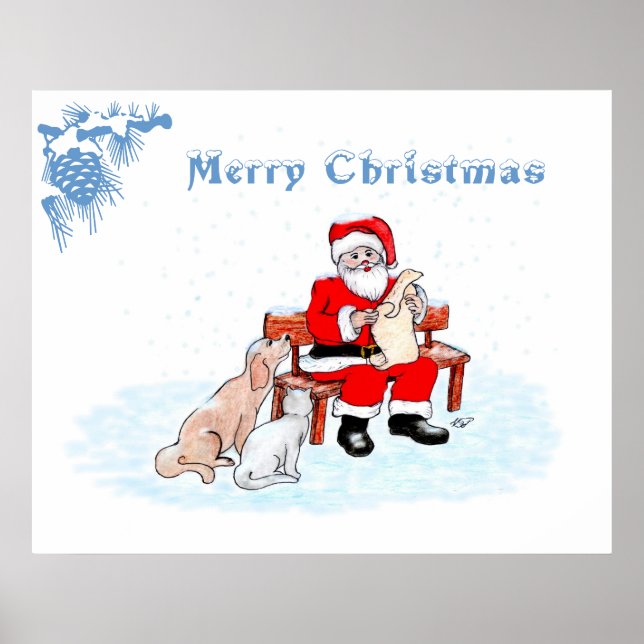 Poster Feliz Natal - Papai Noel com Gato e Cachorro (Frente)