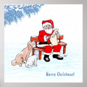 Poster Feliz Natal - Papai Noel com Gato e Cachorro