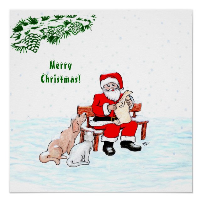 Póster Feliz Natal! Papai Noel com Gato e Cão (Frente)