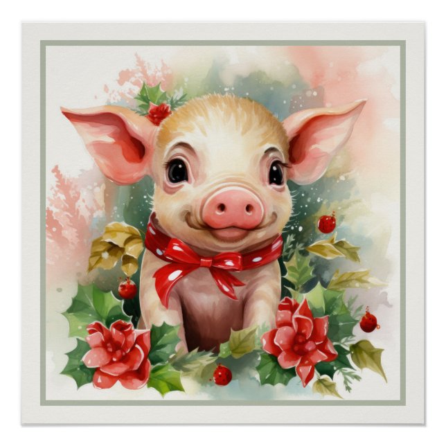 Póster Feliz Natal Piglet Faux Mat Pronto para Frame (Frente)
