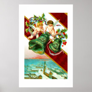 Póster Feliz Natal, querubins e sinos