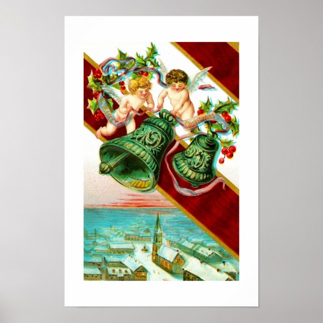 Póster Feliz Natal, querubs e sinos (Frente)