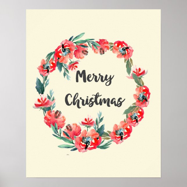 Póster Feliz Natal Red Floral Watercolor Wreath (Frente)