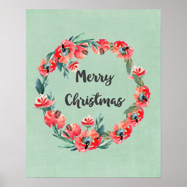 Póster Feliz Natal Red Floral Watercolor Wreath (Frente)