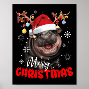 Poster Feliz Natal Reindeer Leve Moo Deng Santa Hat