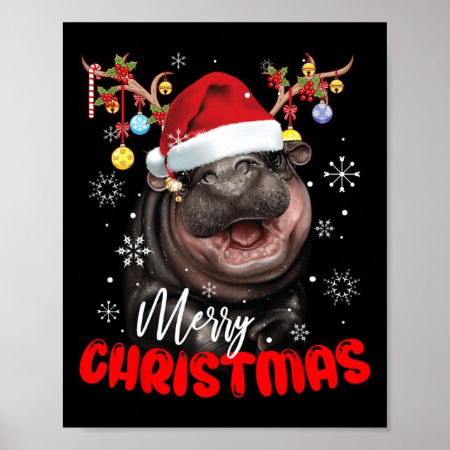 Poster Feliz Natal Reindeer Leve Moo Deng Santa Hat (Frente)
