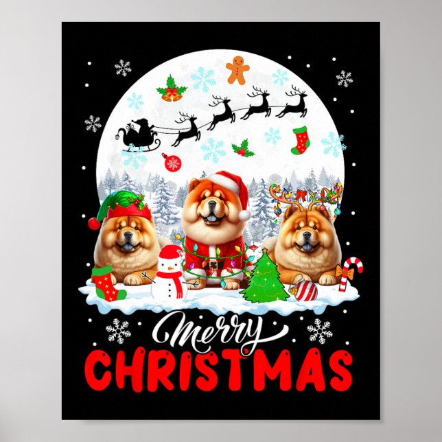 Poster Feliz Natal Três Papais noeis Elf Reindeer Chow Ch (Frente)